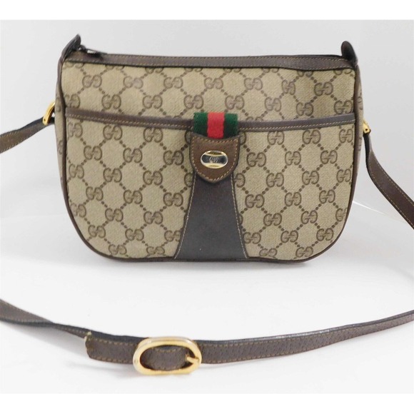 Gucci Handbags - Gucci Vintage Brown GG‎ Monogram Red Green Stripe Small Satchel Bag Italy